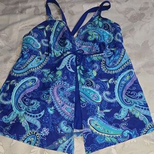 Women's Blue Paisley Tankini Swim Top And Skirt Bottoms